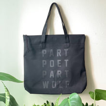 Load image into Gallery viewer, part poet part wolf black tote by rayo &amp; honey
